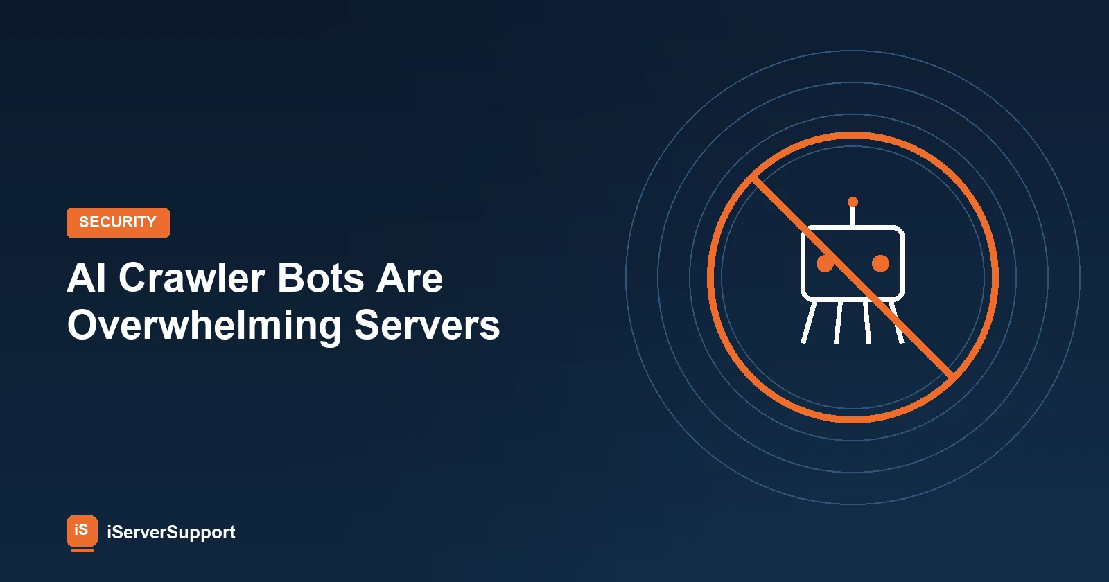 A crawler bot icon inside a blocked circle over a server security graphic