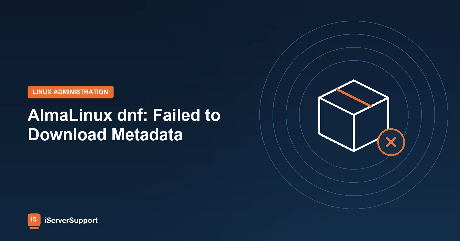 Package box with an error badge representing a failed dnf repository download on AlmaLinux
