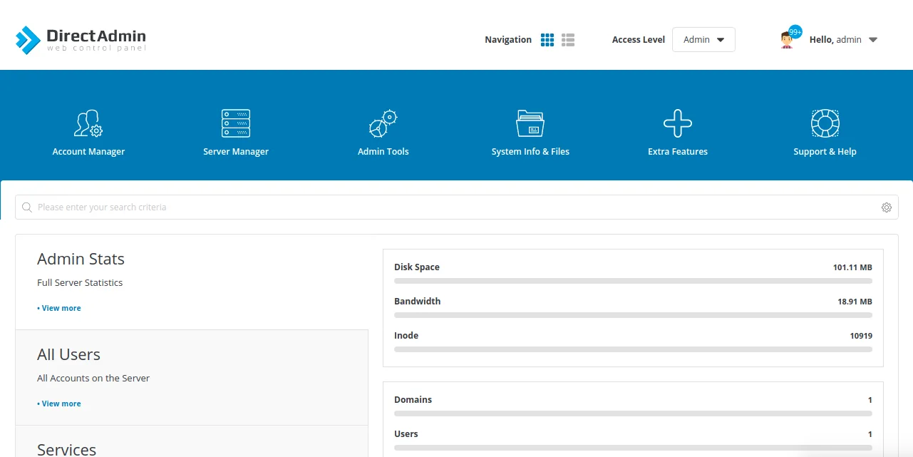 DirectAdmin dashboard home page after login