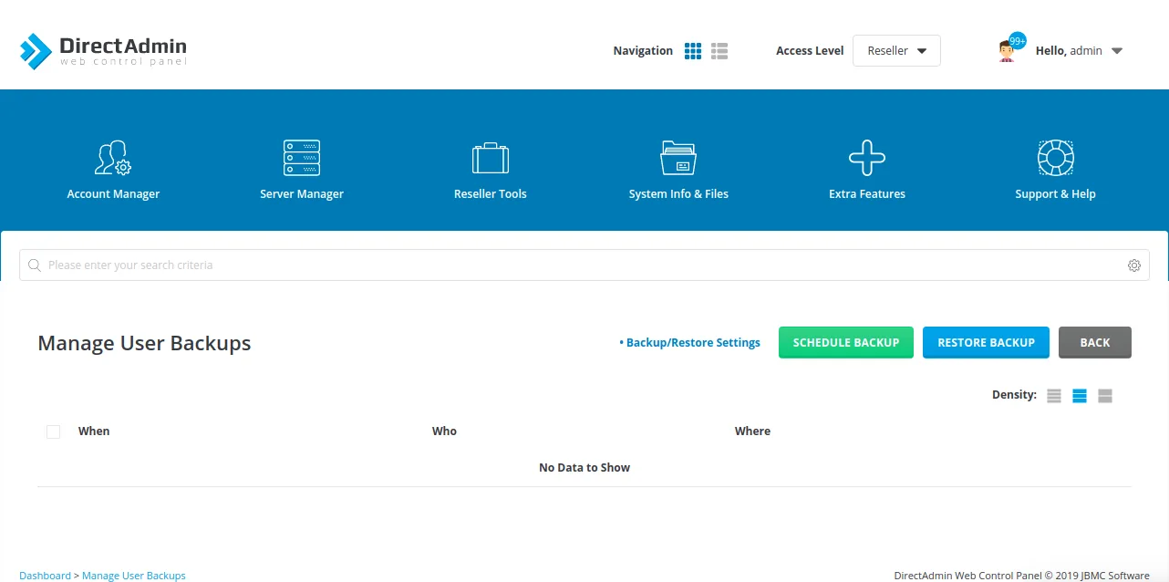 DirectAdmin restore wizard for cPanel backup import