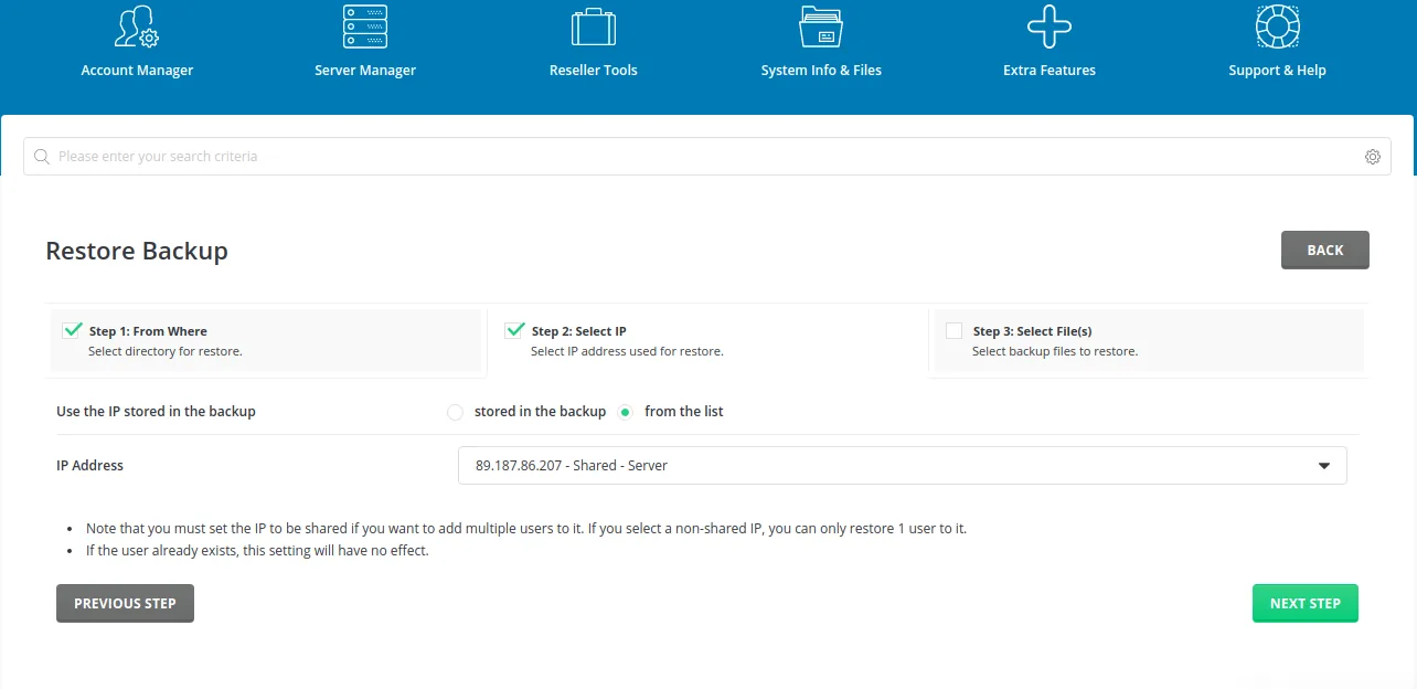 DirectAdmin restore wizard IP selection for restored account