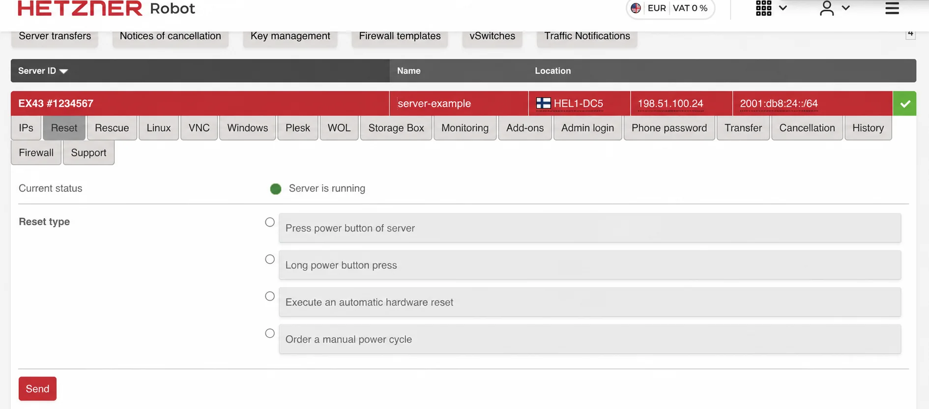 Hetzner Robot Reset tab showing available server restart options