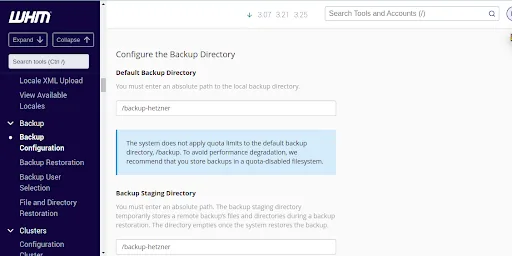 configure backup for WHM/cPanel