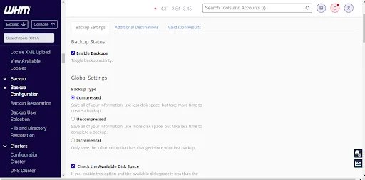 configure backup for WHM/cPanel