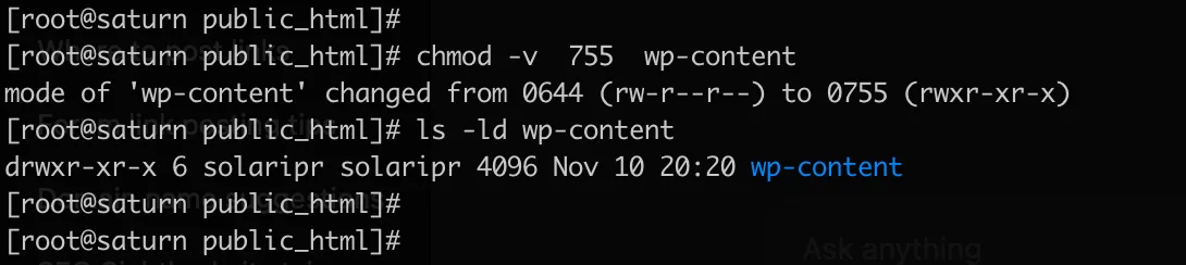 Terminal output showing secure WordPress file permissions with wp-content set to 755 and files set to 644.