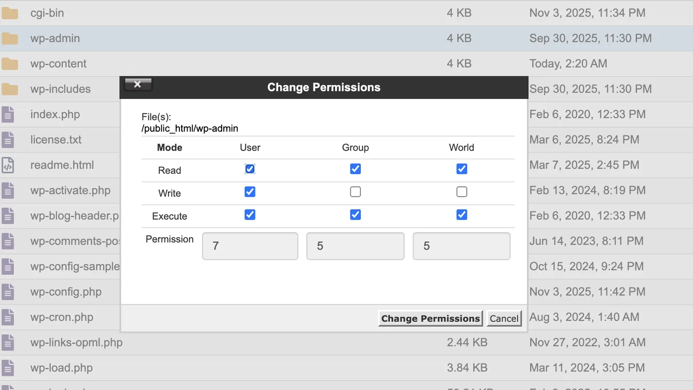 File Manager view showing secure WordPress directory structure and permissions set to 755 and 644.