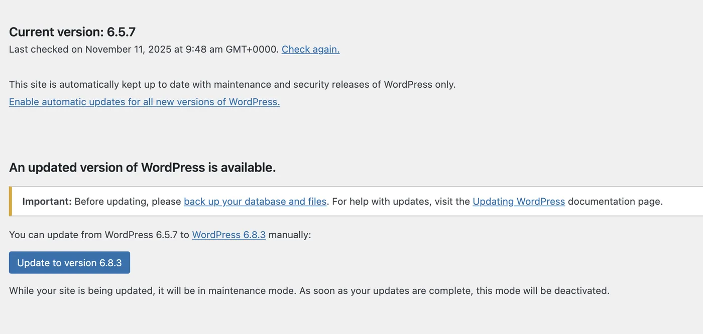 WordPress dashboard updates screen showing available core, plugin, and theme updates.