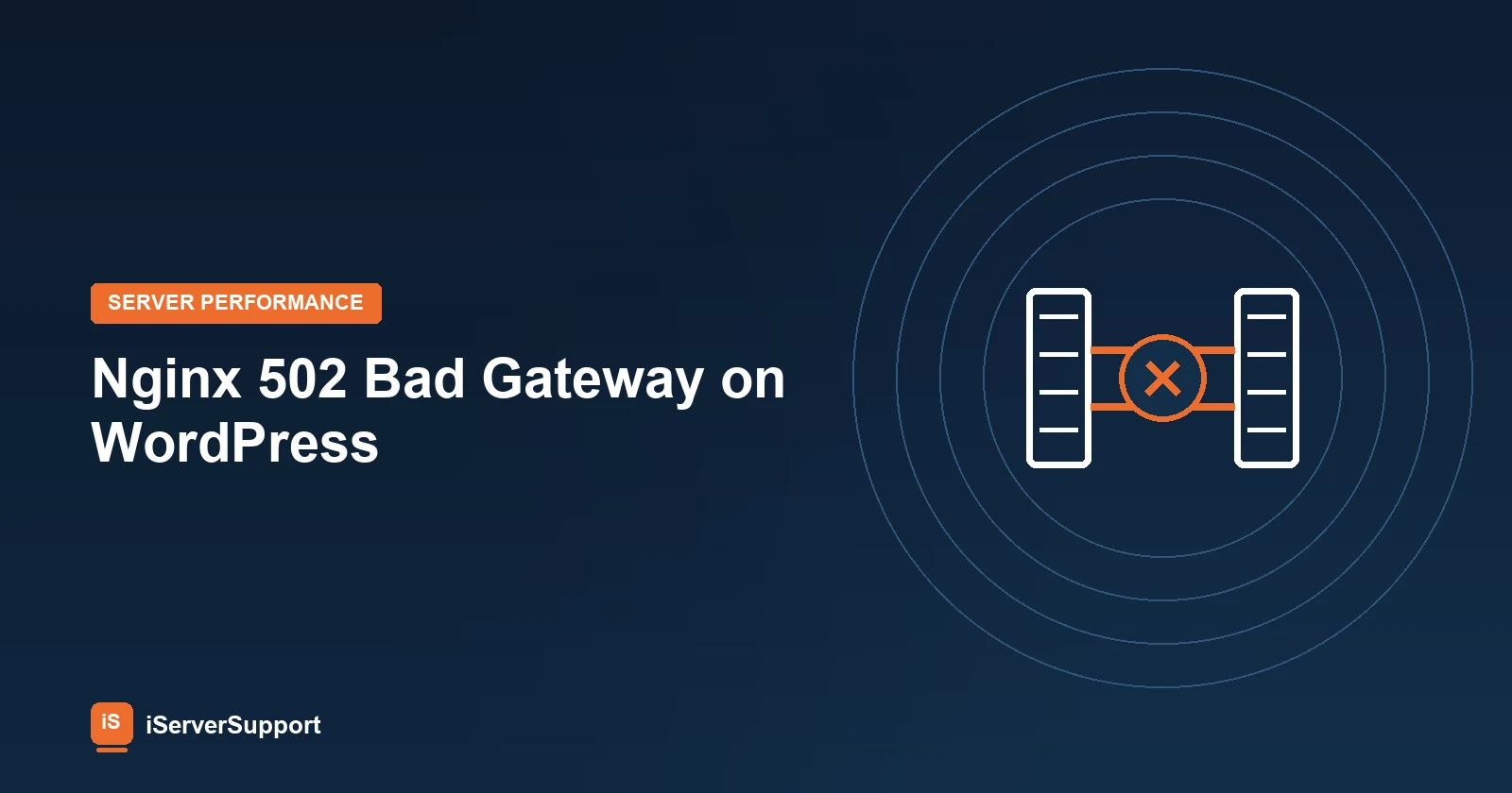 Two server racks connected by a broken gateway link representing a 502 error