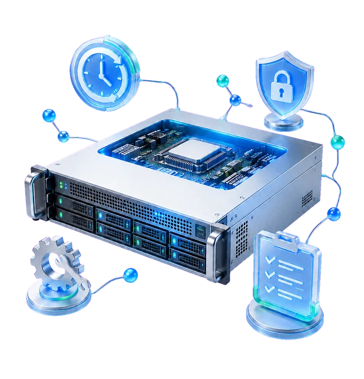 Dedicated server management covering monitoring, maintenance, security and technical support