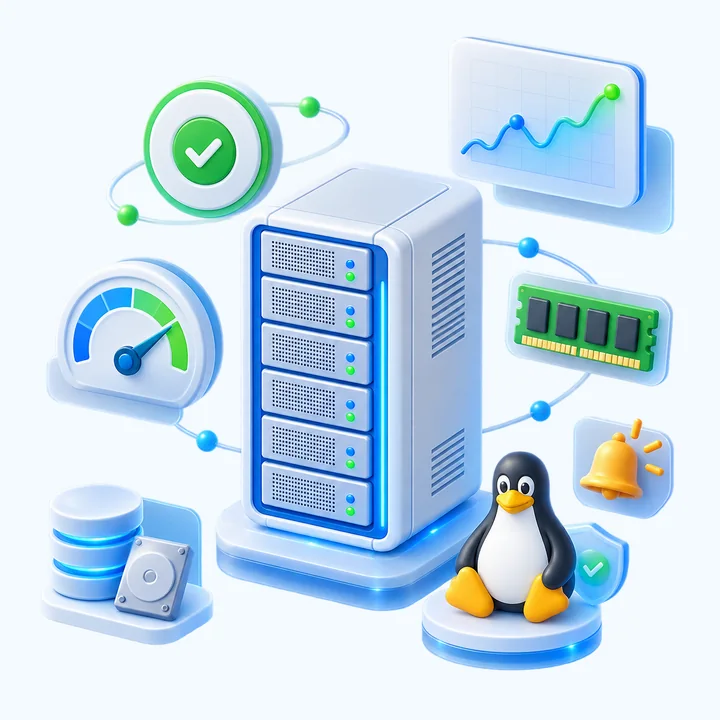 Linux server monitoring dashboard showing uptime, performance and service alerts