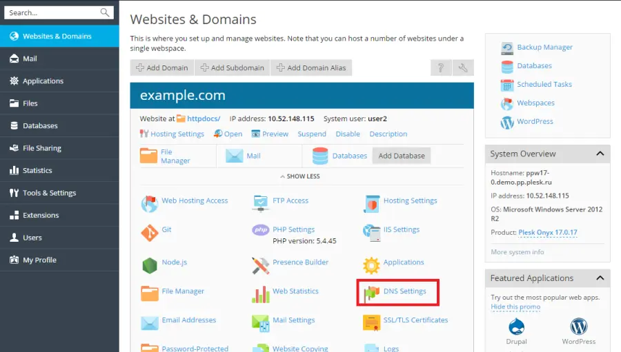 setup plesk to use external dns