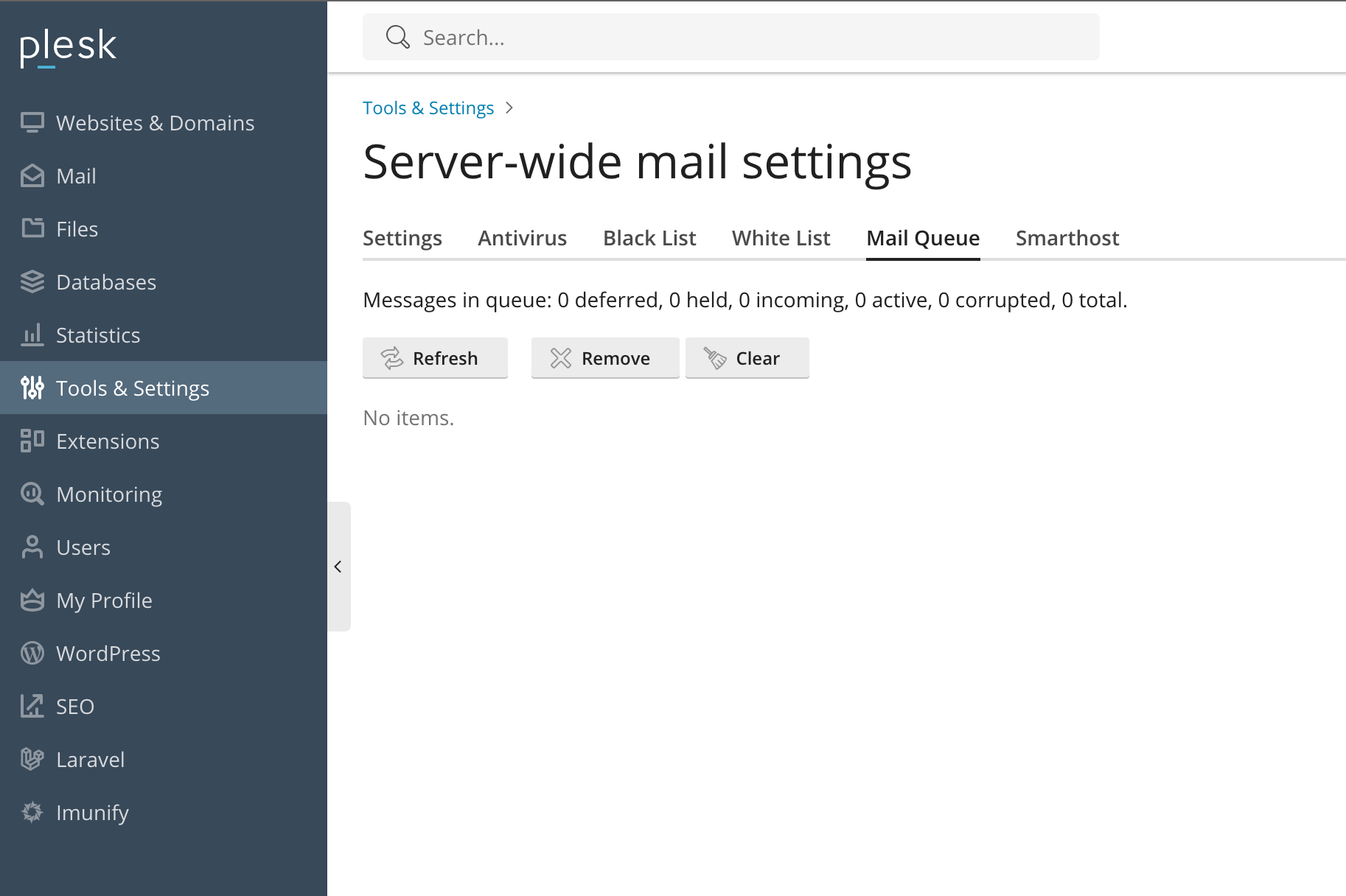 Plesk mail queue screen showing large number of queued messages from a compromised account.
